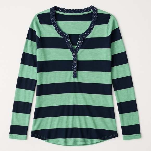Anthropologie Tops - Anthropologie • Green & Navy Striped Henley Top • Size S